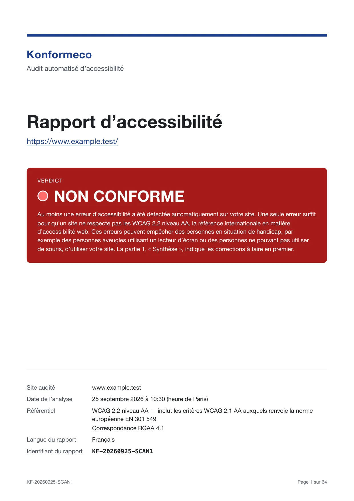 Première page d’un rapport Konformeco d’exemple, établi sur un site fictif : le titre « Rapport d’accessibilité », l’adresse du site analysé et le verdict « NON CONFORME » dans un encadré rouge.